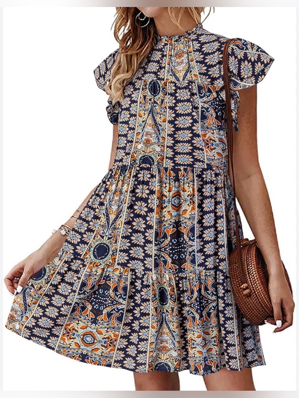 Kirundo Boho Navy Floral Tiered Mini Dress
